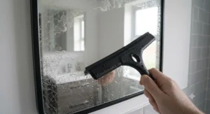 A contemporary black matte shower squeegee matching modern industrial-style bathroom fixtures.