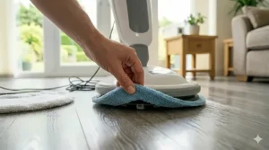 A person attaching a blue textured microfibre cleaning pad to a domestic laminate floor polisher.