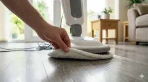 A close-up of a hand adjusting a thick white microfibre polishing pad on the base of a laminate floor polisher.