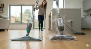 A steam mop sanitising a living room floor without detergents, safe for crawling toddlers and pets.