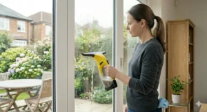 Cleaning a bathroom mirror with a handheld cordless window vacuum.