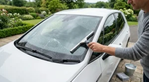 A compact window squeegee used for cleaning automotive glass.