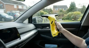 Compact window vacuum being used to dry and clean a car windscreen.