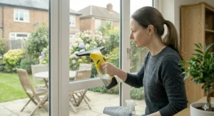 Cleaning a smooth kitchen induction hob with a cordless window vacuum.