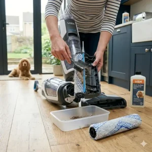 A person cleaning the brush roll of a floor cleaner over a plastic container in a kitchen.
