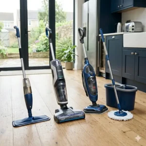 Close-up of a floor cleaner nozzle cleaning debris from wooden flooring in a home kitchen.
