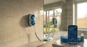 Automatic window cleaner robot cleaning a bathroom mirror surface.