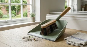 A close-up side profile of a wooden hand brush sweeping over a light oak floor, demonstrating bristle flexibility with a grey dustpan in the background.