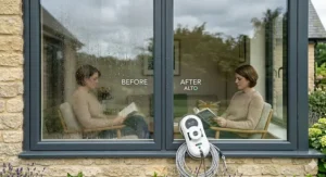 A split-screen showing a dirty window versus a sparkling clean finish after using a smart window cleaning robot.