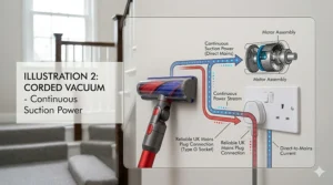 Diagram showing a corded vacuum cleaner connected to a UK mains plug for reliable, continuous suction power.