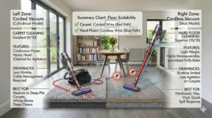 Infographic comparing the cleaning performance of corded versus cordless models on deep-pile carpets and hard floors.