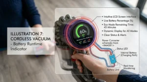 Close-up of a digital display on a cordless vacuum cleaner showing battery life and remaining cleaning time.