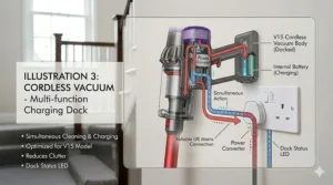 A sleek, space-saving cordless vacuum cleaner stored on a wall-mounted charging dock in a utility cupboard.