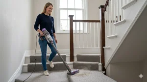 A person using a lightweight cordless vacuum cleaner to manoeuvre easily up a carpeted staircase.