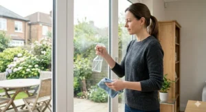 Spraying cleaning solution onto a window as the first step for streak-free results.