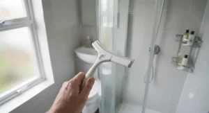 A curved rubber blade squeegee effective for cleaning bathroom wall tiles and curved glass.