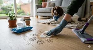 Illustration of a damp disposable floor wipe easily cleaning up muddy dog paw prints from a hallway floor.