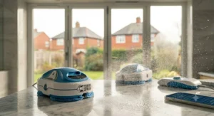 Close-up of the automatic dual-spray nozzles misting the glass.