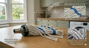 A close-up diagram breaking down the durable components of a premium string mop resting on a wooden worktop. Technical callouts highlight the heavy-duty metal ferrule, corrosion-resistant stainless steel, anti-tangling band system, and a premium cotton-synthetic yarn blend.