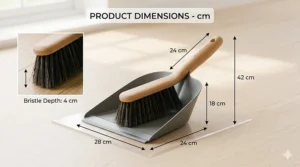 A product dimension infographic of the grey dustpan and brush set, with clear measurement labels marked in centimetres (cm).