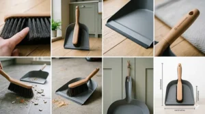 Close-up shot of the dense, soft black bristles of a wooden hand brush sweeping light debris into a sage green dustpan.