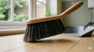Detailed shot of a sage green dustpan's flexible rubber lip sitting flush against a wooden worktop, collecting dried leaves and dust.