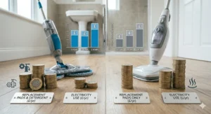 A cost-comparison graphic on a wooden floor showing stacks of British Pound coins and bar charts in front of an electric mop and a steam mop, with metal plaques detailing annual costs for replacement pads, detergent, and electricity use.