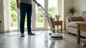 A man using an electric floor polisher on grey laminate planks in a modern lounge next to open patio doors.