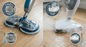 A macro split-frame photograph detailing cleaning mechanisms: the left side focuses on the dual spinning microfibre pads of an electric mop scrubbing a light oak floor, while the right side shows a steam mop head releasing a dense plume of white steam.