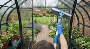 A view from inside a greenhouse showing the telescopic window squeegee being used to clear condensation from the glass.