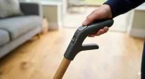 An adjustable-height mop handle being used comfortably on a hardwood floor, demonstrating ergonomic design for British households.