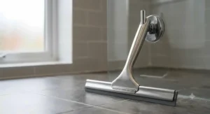 A premium stainless steel shower squeegee with an ergonomic handle designed for a comfortable grip.