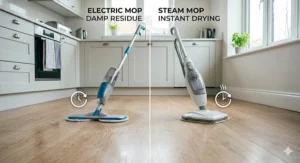 A vertical split-screen comparison of a kitchen floor; the left side shows a damp residue from an electric mop with a slow clock icon, and the right side shows the near-instant drying and evaporation from a steam mop with a fast clock icon.