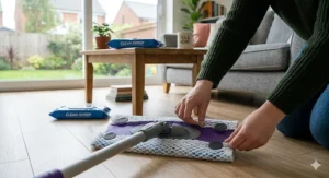 Step-by-step graphic showing how to wrap a disposable floor wipe around a flat mop head and push the edges into the four rubber grippers.