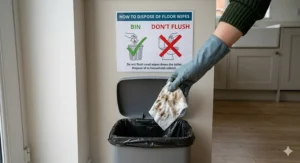 An instructional graphic showing a disposable floor wipe being thrown into a household rubbish bin with a clear red cross over a toilet, indicating do not flush.