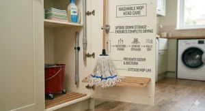 An illustration showing a string mop hanging upside down in a utility cupboard to ensure the strands dry completely and prevent odour. Annotated text explains how upside-down storage allows moisture to rise and strands to spread, extending the mop's lifespan.