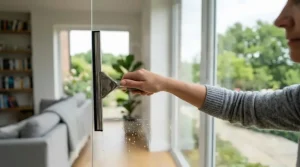 Diagram illustrating the correct horizontal technique for using a window squeegee.