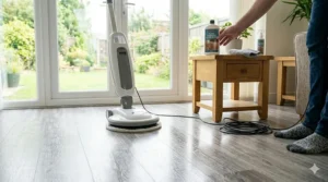 A bottle of laminate floor polish on an oak side table next to an upright polisher in a British home.