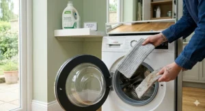 A reusable microfibre mop pad being removed for machine washing, highlighting sustainable floor cleaning.
