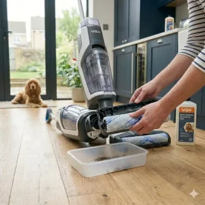 A person holding the dirty water tank removed from a cordless floor cleaner for maintenance.