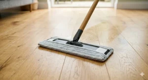 Close-up of a high-density microfibre mop pad lifting dust from natural wood flooring without scratching.
