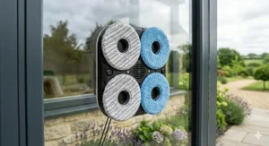 A set of clean microfibre pads attached to the base of a smart window cleaning robot.