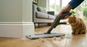 A mop effectively collecting fine dust and pet hair from hardwood floors, ideal for allergy-conscious homes.