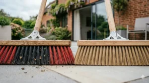 A side-by-side comparison diagram of stiff natural bassine bristles and soft synthetic bristles used for different outdoor sweeping tasks.