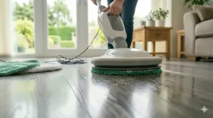 An upright floor polisher in use, leaving a reflective, shiny sheen on grey laminate planks in a bright room.