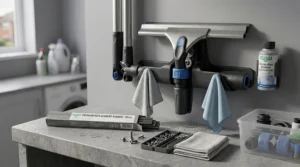 A complete professional window squeegee kit, including essential cleaning accessories for a spotless finish on patio doors.