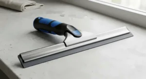 A close-up of a professional window squeegee showcasing the high-grade, durable rubber blade for superior water removal.