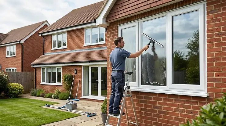 A professional window squeegee achieving a streak-free shine on a modern UK semi-detached home window. professional window squeegee