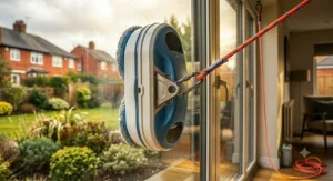 Automatic window cleaner robot navigating a window frame corner.
