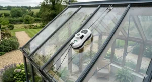 The smart window cleaning robot operating on an exterior glass conservatory roof.